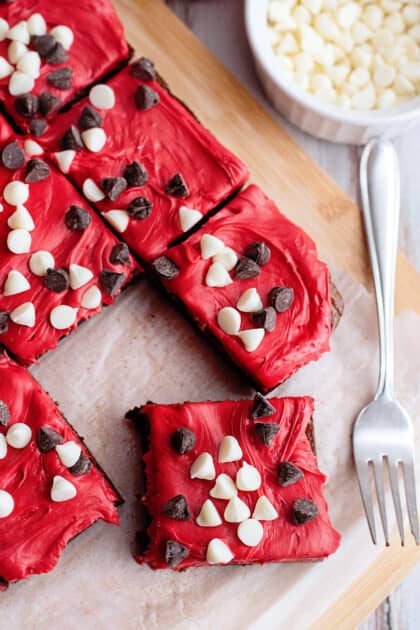 Cut and serve your frosted Valentine's Day brownies.