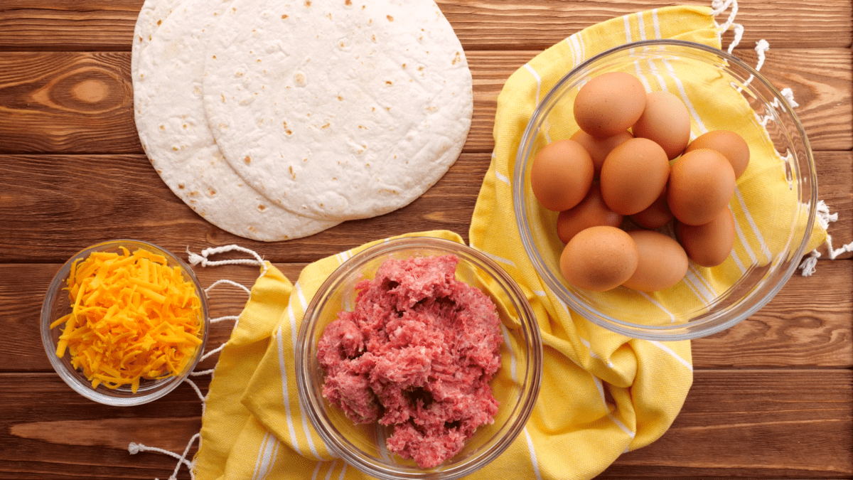 Recipe ingredients for make-ahead breakfast burritos.