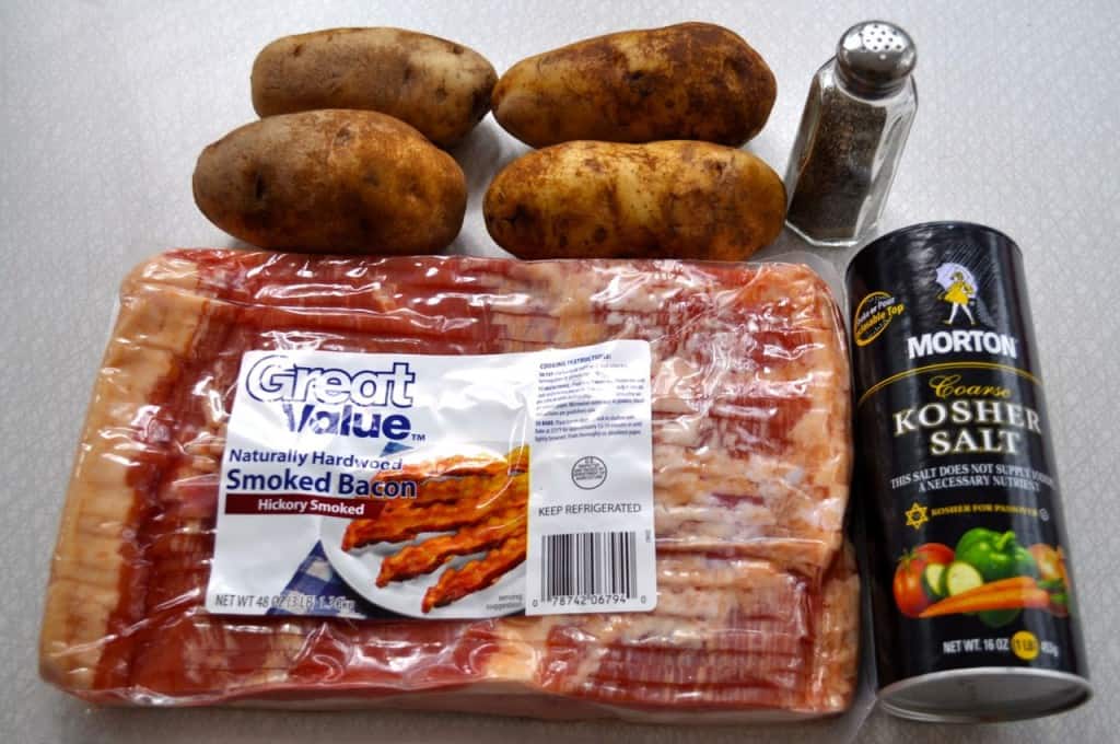 Recipe Ingredients for oven baked potatoes and bacon.