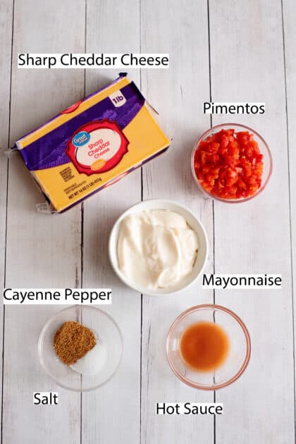 Labeled ingredients for spicy pimento cheese.