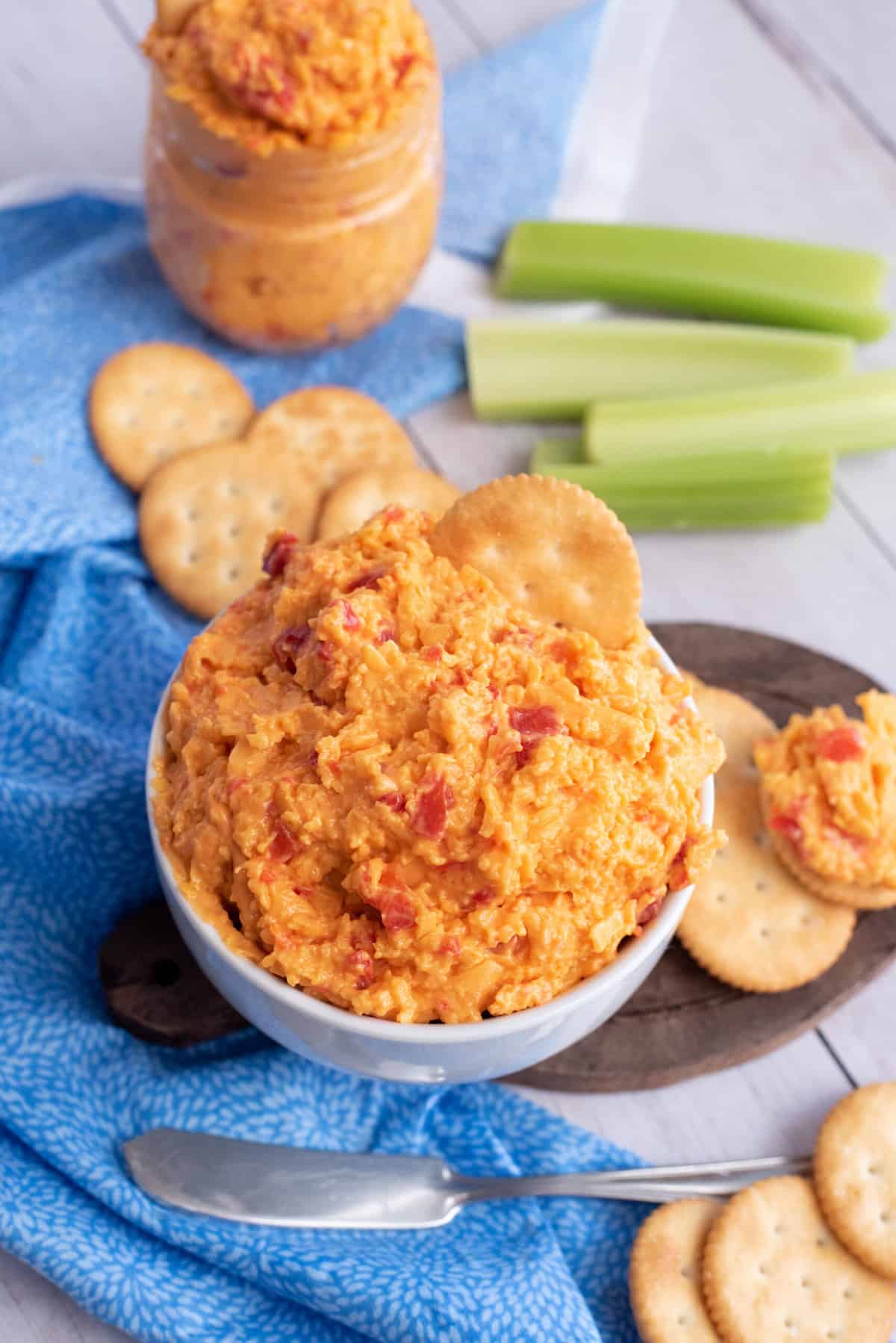A bowl of spicy pimento cheese dip.