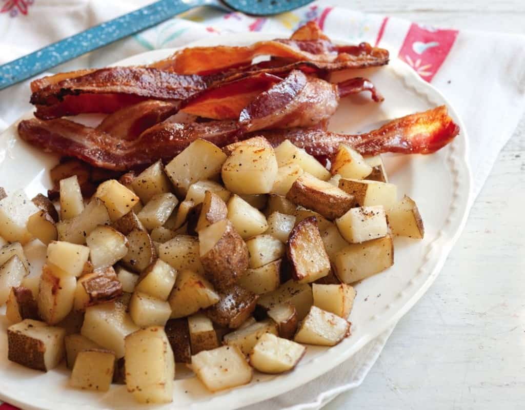 Oven baked potatoes and bacon.