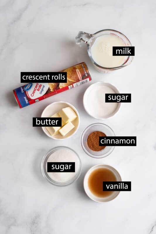 ingredients for butter rolls cinnamon, crescent rolls sugar butter milk vanilla
