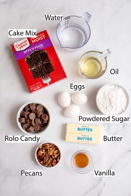 Labeled ingredients for Rolo cupcakes.