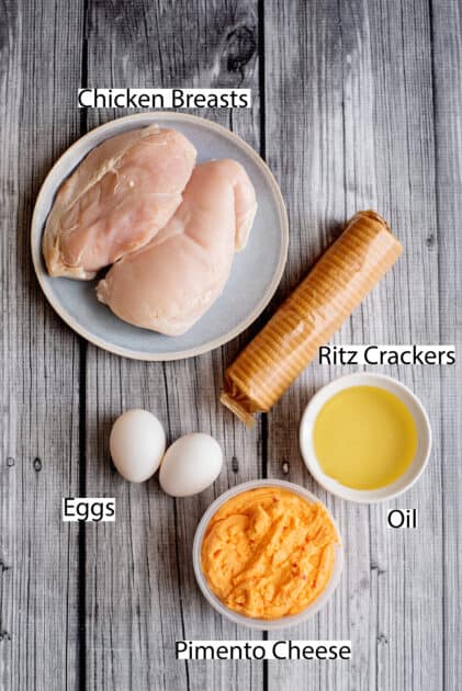 Labeled ingredients for fried chicken cordon bleu.