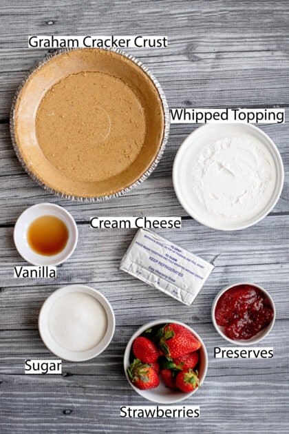 Labeled recipe ingredients for strawberry cream pie.