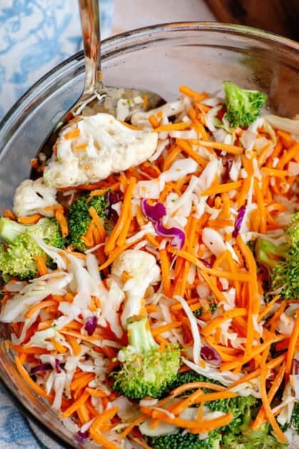 Crunchy refrigerator salad in a glass mixing bowl.