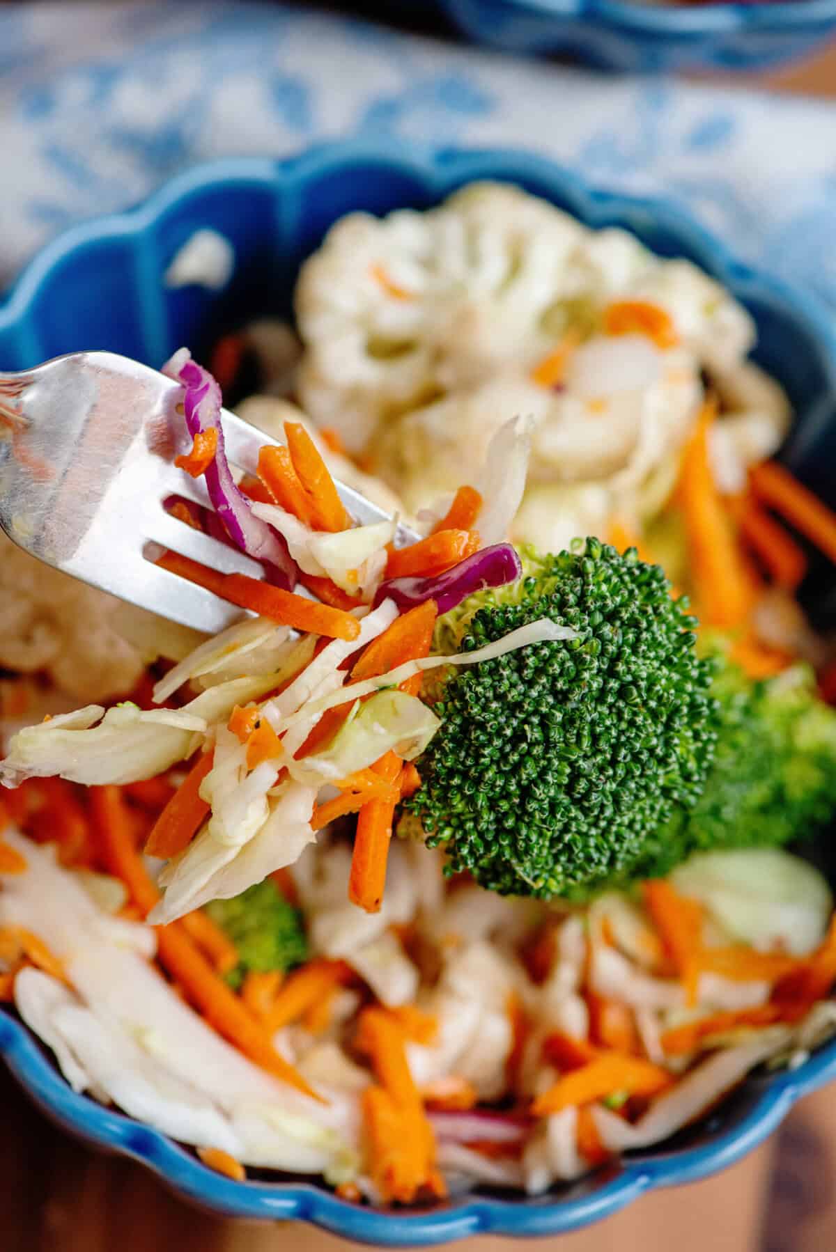A forkful of crunchy refrigerator salad.
