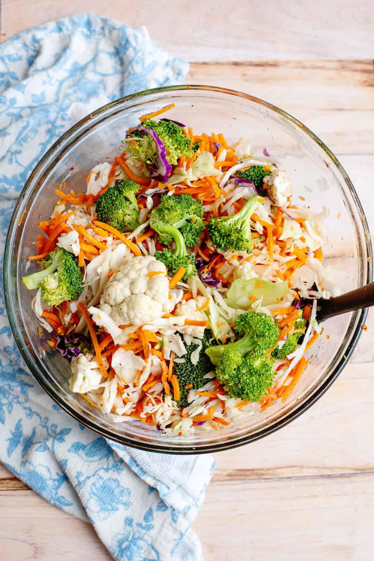 Refrigerator salad in a glass mixing bowl.