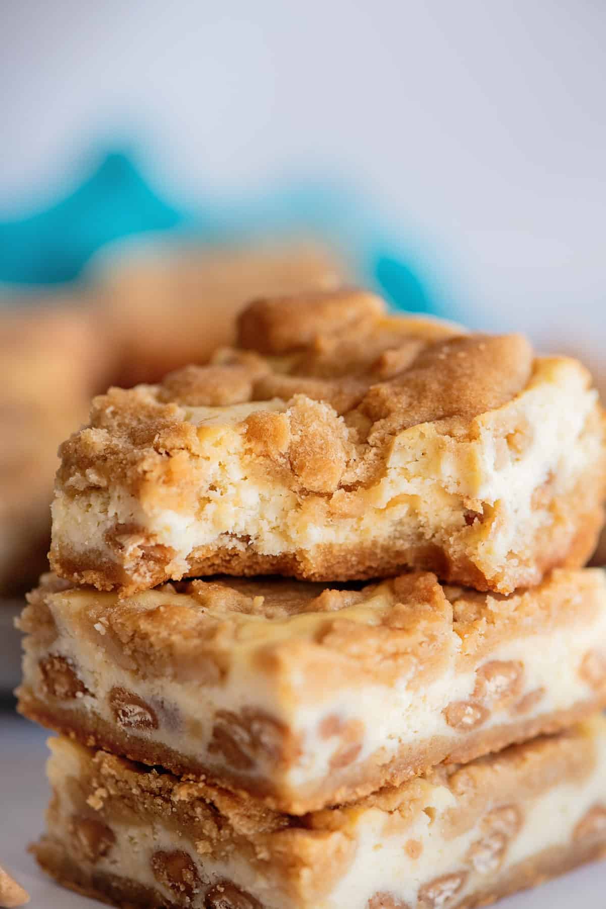 Close-up of peanut butter cheesecake cookie bars.