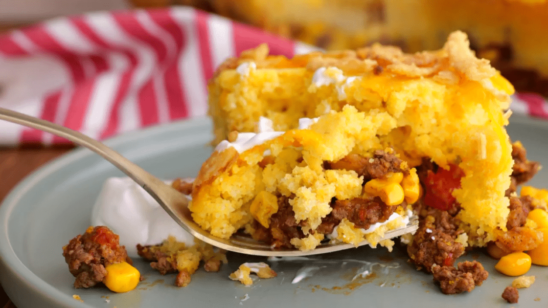 Forkful of tamale pie.