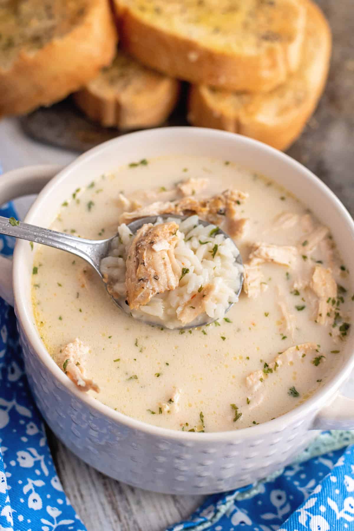 Spoonful of easy chicken and rice soup.