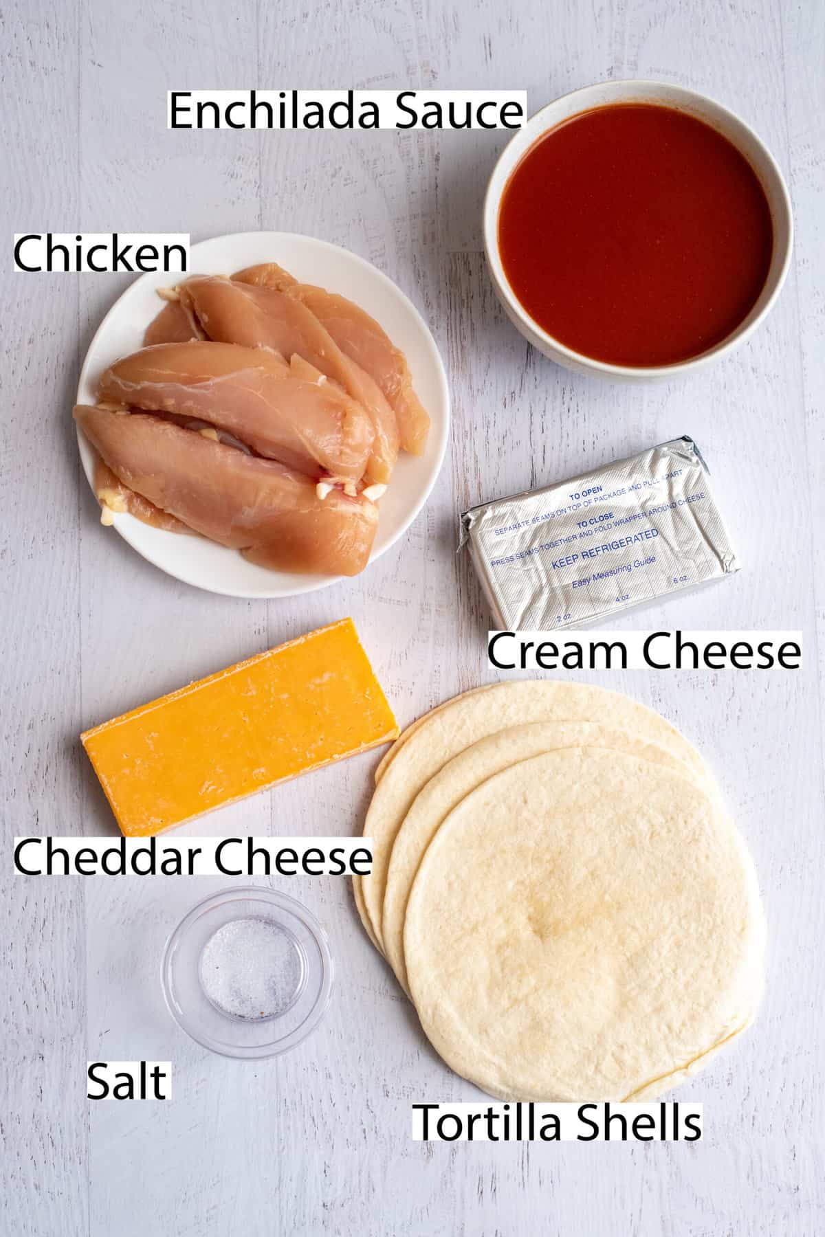 Labeled ingredients for cream cheese chicken enchiladas.
