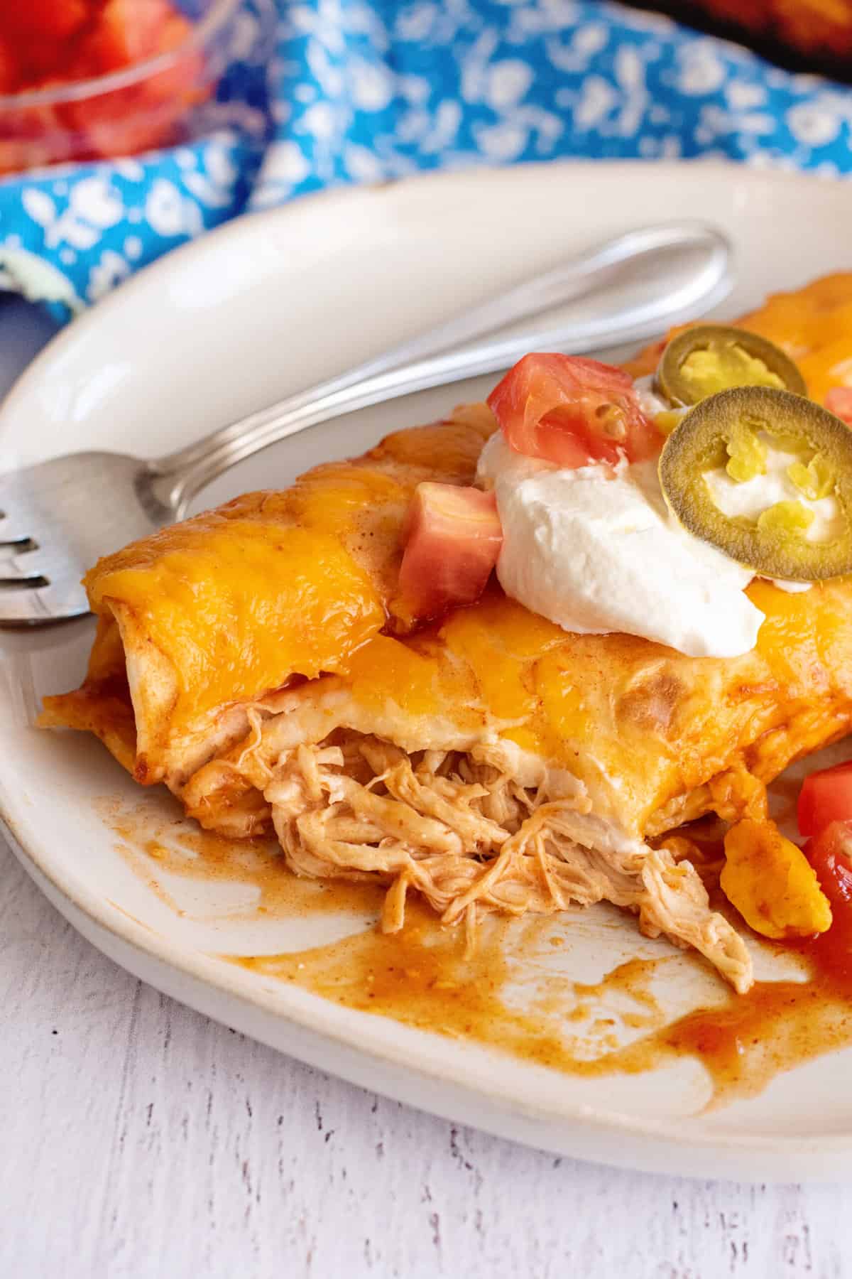 Inside cream cheese chicken enchiladas.