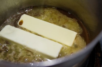 Bring butter, coffee, and cocoa powder to a boil.