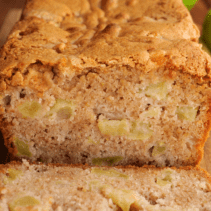 Close-up of a slice of apple bread.
