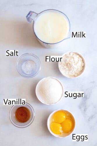 Labeled ingredients for custard sauce recipe.