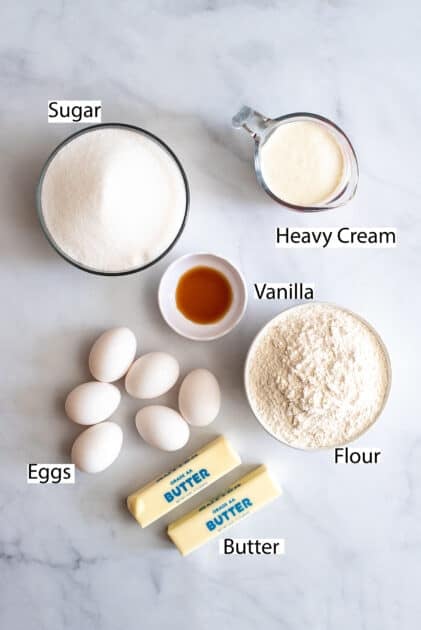 Labeled ingredients for easy pound cake recipe.