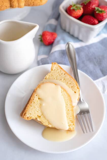 2 slices of pound cake with custard sauce.