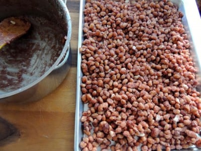 Peanuts on cookie sheet.