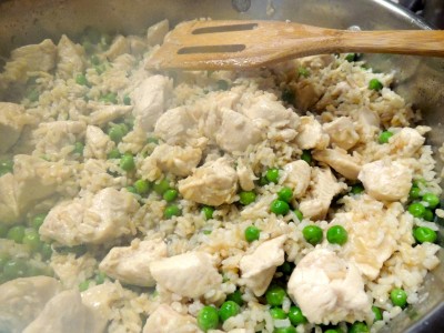 Add peas, rice, and soy sauce.