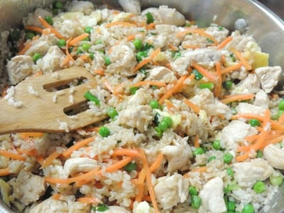 Cooked Chicken Fried Brown Rice in skillet.