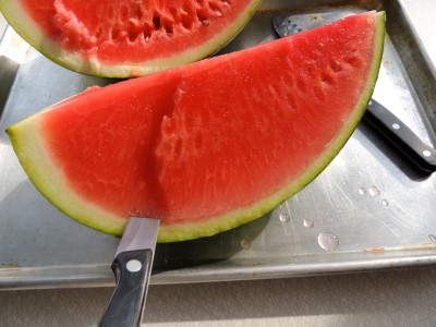 Remove rind from watermelon.