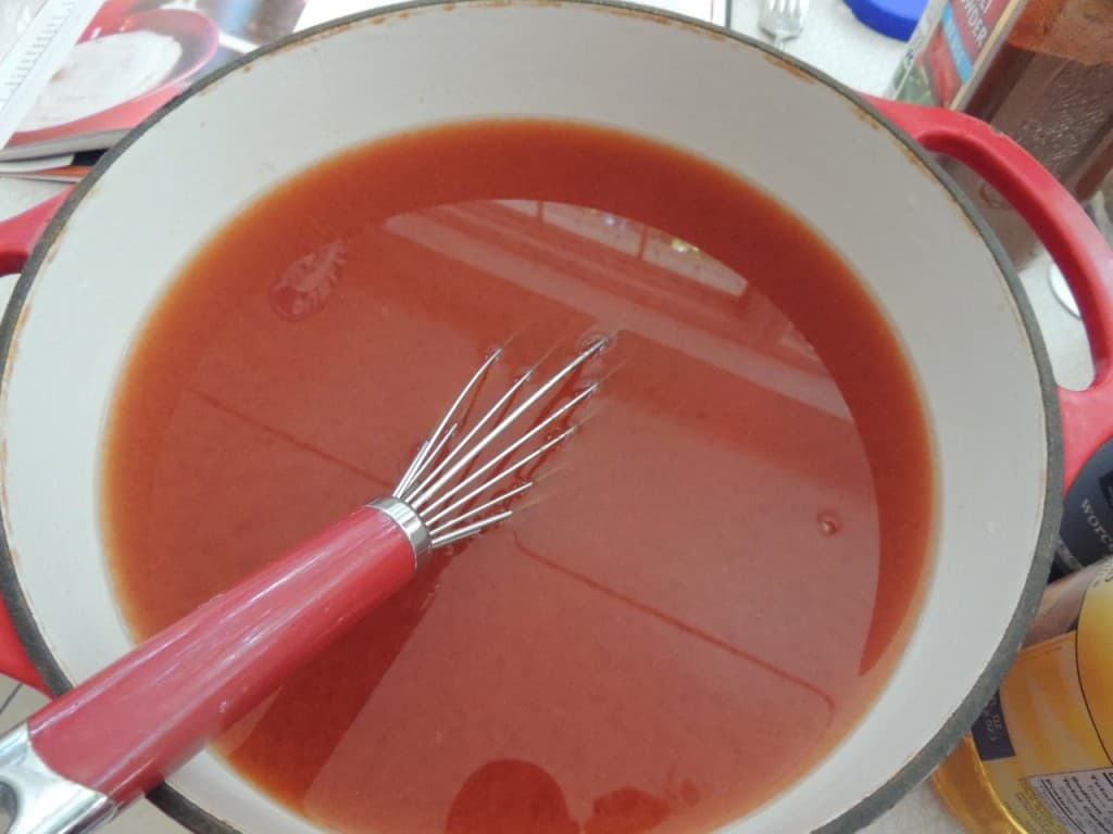 Christy's Number 5 BBQ Sauce Wet ingredients for easy BBQ sauce in a Dutch oven