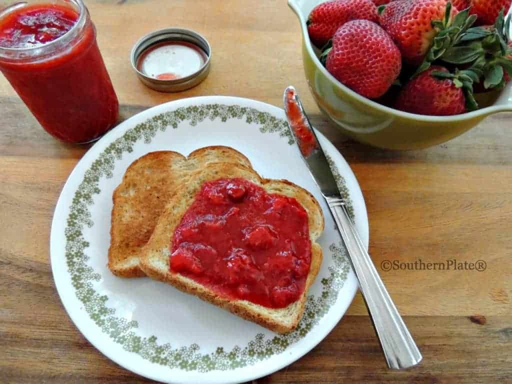 Toast with strawberry jam.