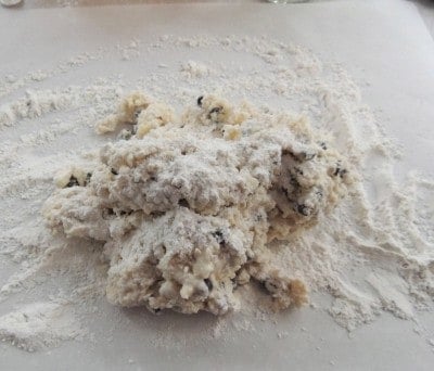 Sprinkle chocolate chip biscuit dough with more flour.