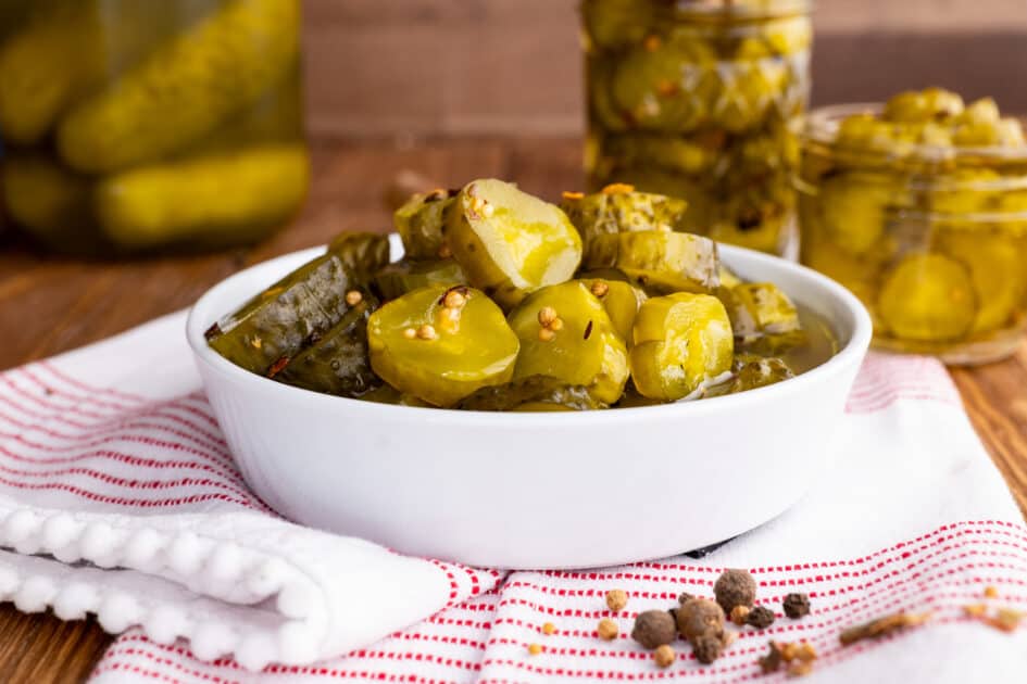 A bowl of sweet pickles.