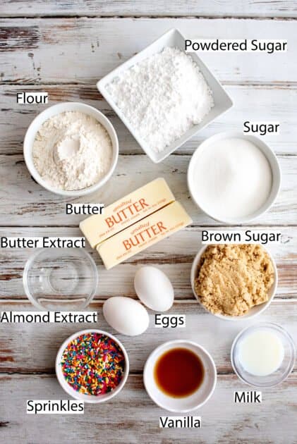 Labeled recipe ingredients for birthday cake cookies.
