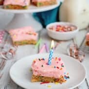 Birthday cake cookie bar on plate.