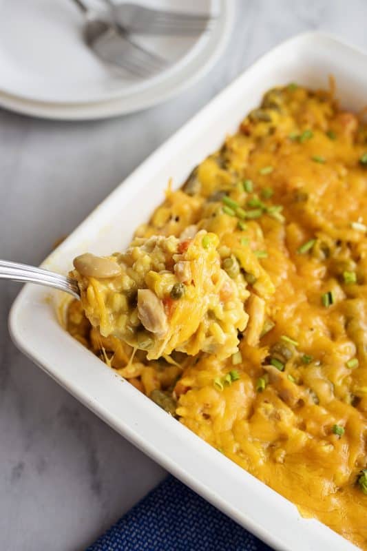 Spoonful of chicken and rice bake.