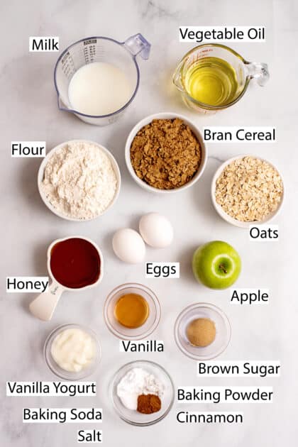 Labeled ingredients for apple bran muffins.