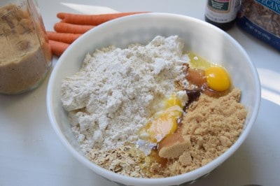 Add baking mix, brown sugar, eggs, oats, and spices to mixing bowl.