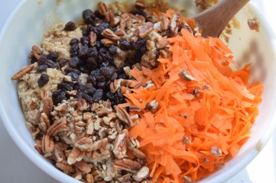 Add carrot, raisins, and pecans to mixing bowl.