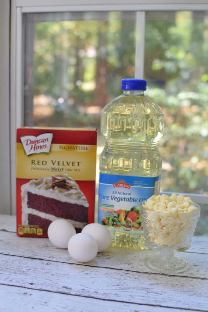 Ingredients for Easiest Red Velvet Cookies From Cake Mix.