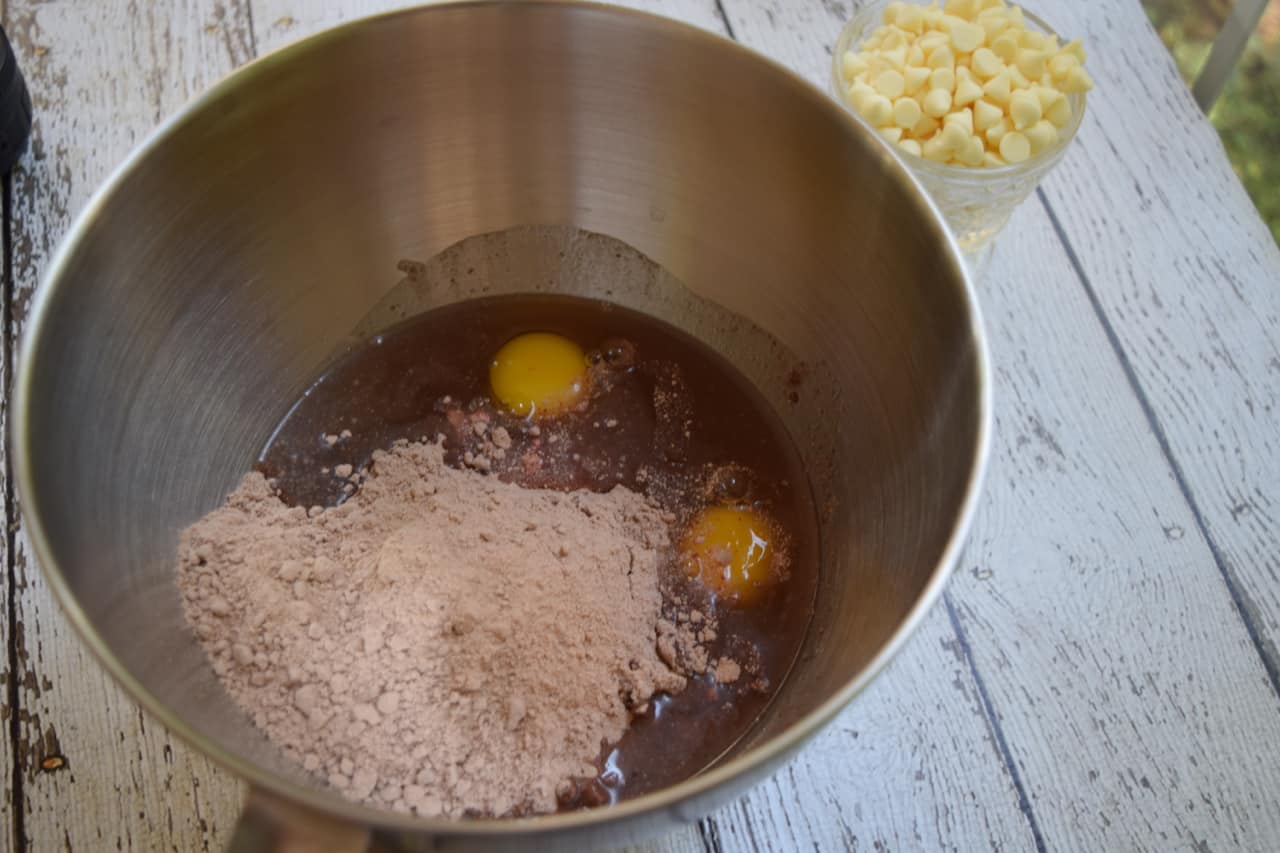Place cake mix, eggs, and oil in a mixing bowl.