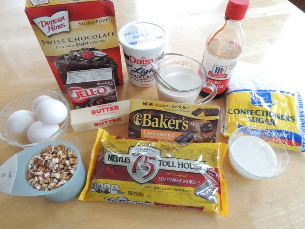 Recipe ingredients for triple chocolate cake.