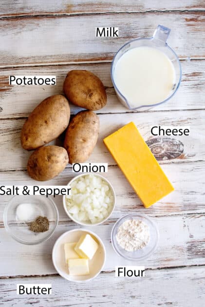 Labeled ingredients for Southern scalloped potatoes.