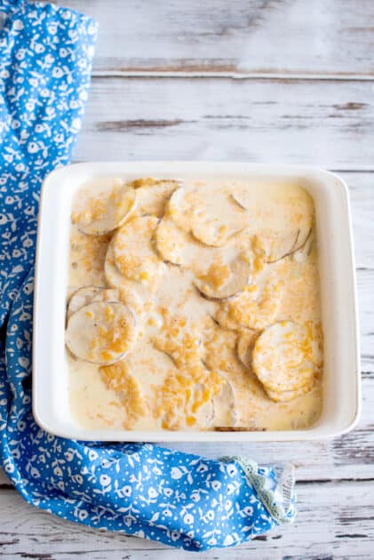 Southern scalloped potatoes ready for the oven.