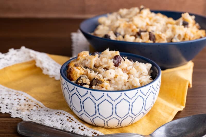 Bowl of bread pudding.