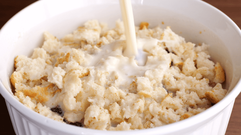 Pour over bread pudding in bowl.