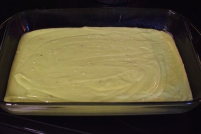 Pour cake batter into pan and bake.