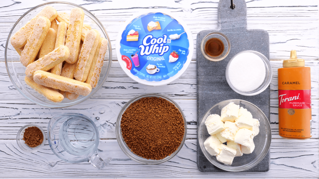 Ingredients for easy tiramisu recipe.