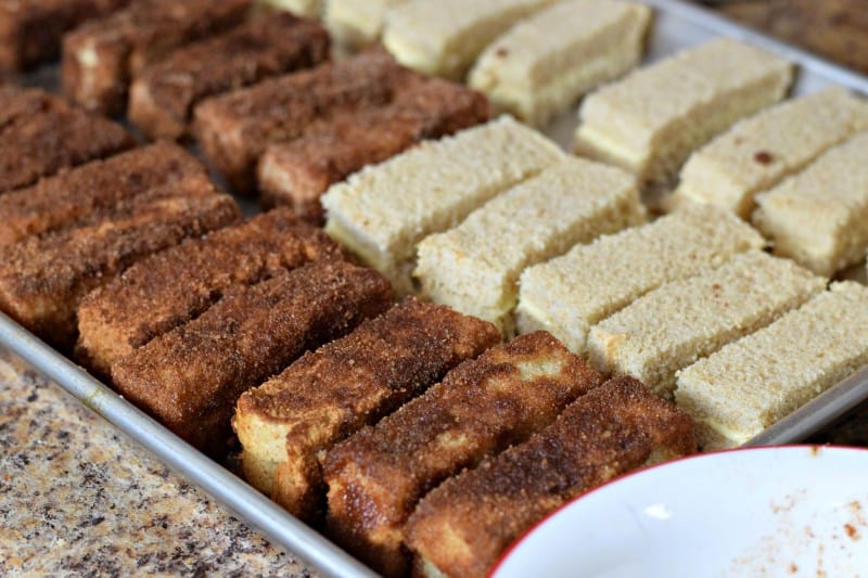 Stuffed cinnamon toast sticks in progress.