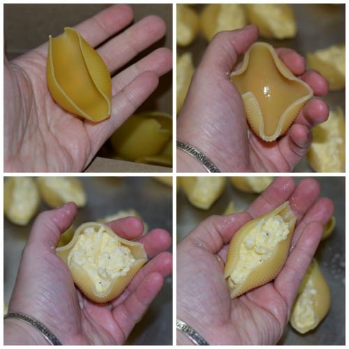 Step-by-step guide to stuffing the cheese mixture into the giant shells.