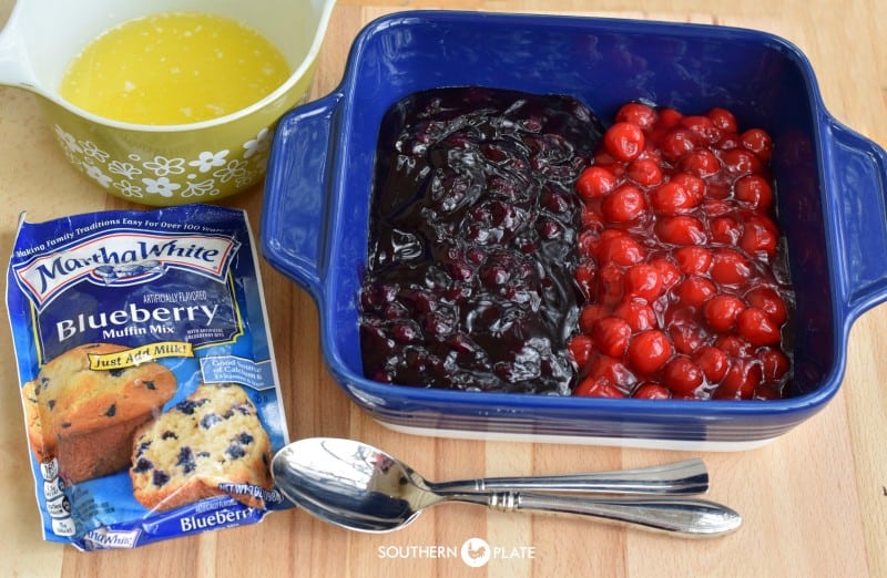 ingredients for cherry blueberry cobbler.
