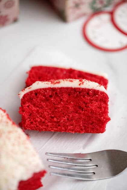 Slices of mini red velvet cake.